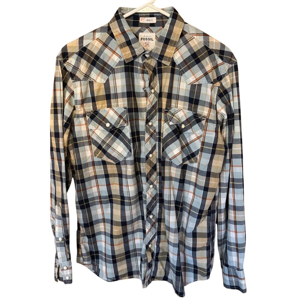 Fossil 54 Women’s Vintage Fit Pearl Snap Plaid Shirt – Medium